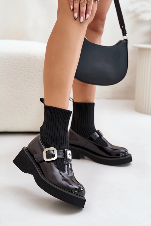 Lakierowane Botki Ze Skarpetą I Klamrą Wsuwane MR880-076 Czarne