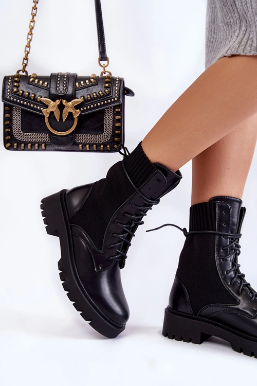 Skórzane Skarpetkowe Botki Sznurowane Czarne Riston