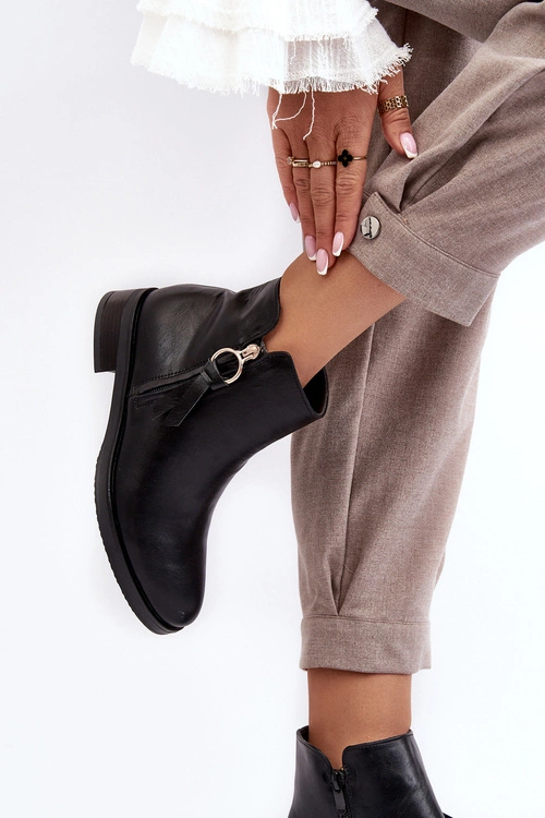 Skórzane Damskie Botki Płaskie Czarne Vasica