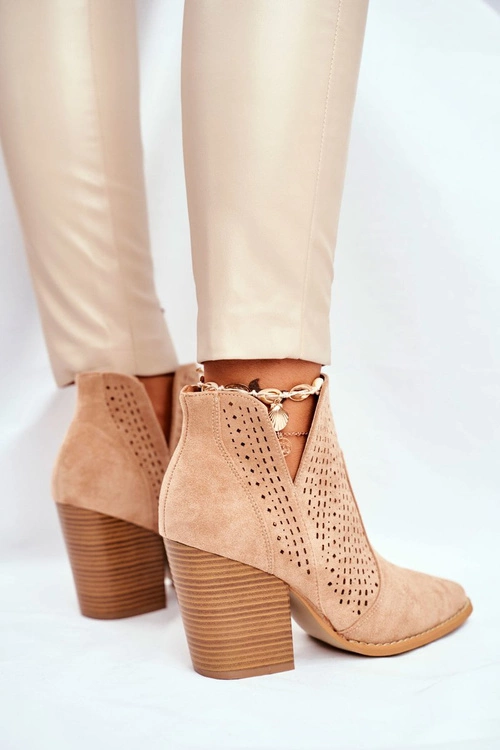 Botki Damskie Na Słupku Zamszowe Ażurowe Beżowe Shades