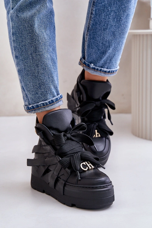Skórzane Sneakersy Damskie Na Masywnej Platformie CheBello 4561 Czarne