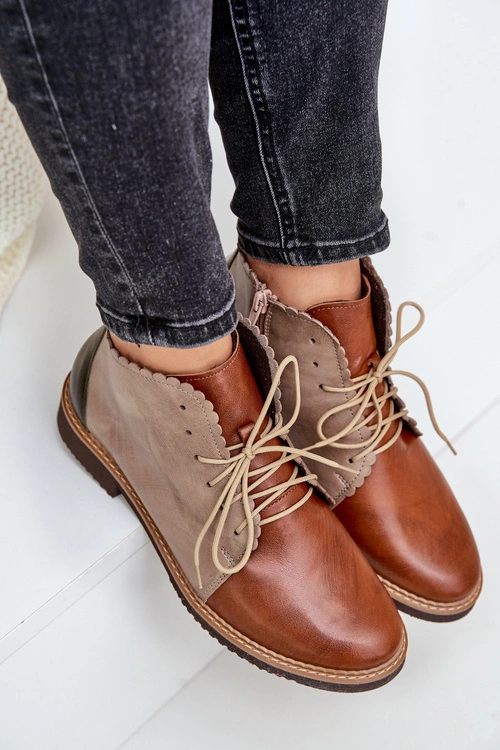 Skórzane Botki Na Płaskim Obcasie Brązowe Zazoo 4078