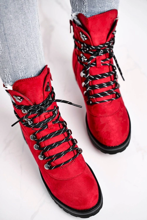 Botki Damskie Płaski Obcas Na Suwak Czerwone Popsi