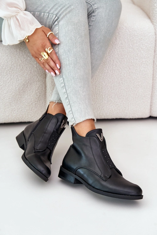 Niskie Botki Damskie Na Płaskim Obcasie Ocieplane Czarne S.Barski HY42-119 Czarne