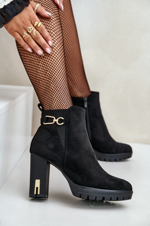 Ocieplane Botki Damskie Na Wysokim Obcasie Słupku Czarne Terisanna