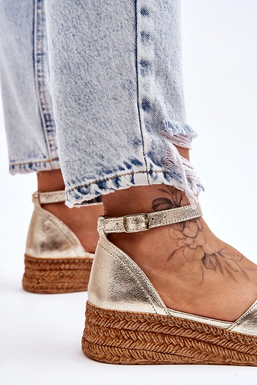 Damskie Skórzane Espadryle Sandały Złote Moise