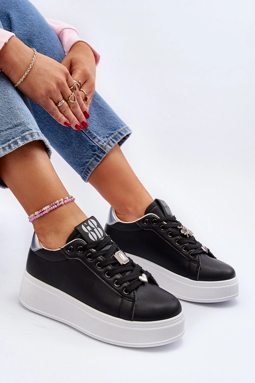 Sneakersy Damskie Na Platformie Z Ozdobami Czarne Herbisa