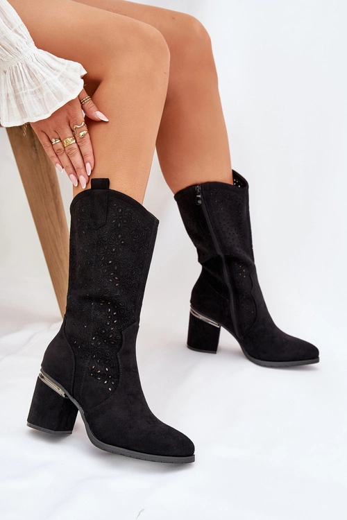 Ażurowe Kozaki Kowbojki Do Połowy Łydki S.Barski HY51-238 Czarne