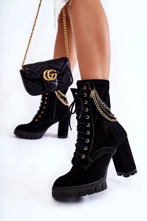 Zamszowe Botki Sznurowane Lewski Shoes 3244/G Czarne