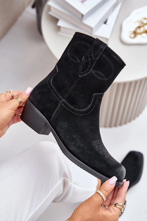 Zamszowe Botki Kowbojki Damskie Na Niskim Obcasie Ocieplane Sergio Leone BT284-S Czarne