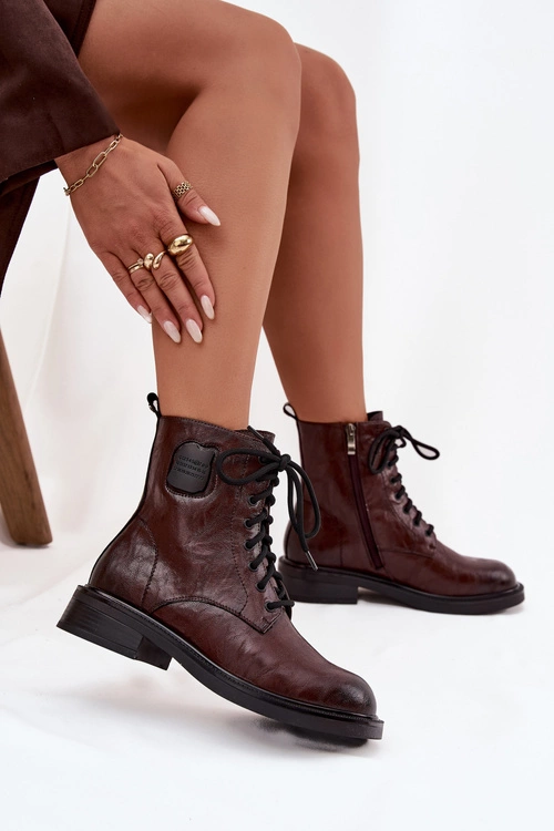 Skórzane Botki Workery Damskie Z Ozdobnym Detalem Maciejka K7180-01 Brązowe