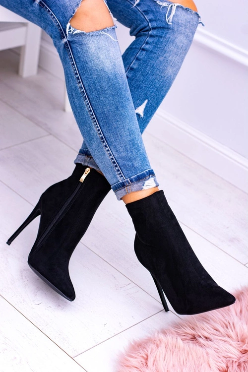 Lu Boo Czarne Zamszowe Botki na Szpilce Veneci