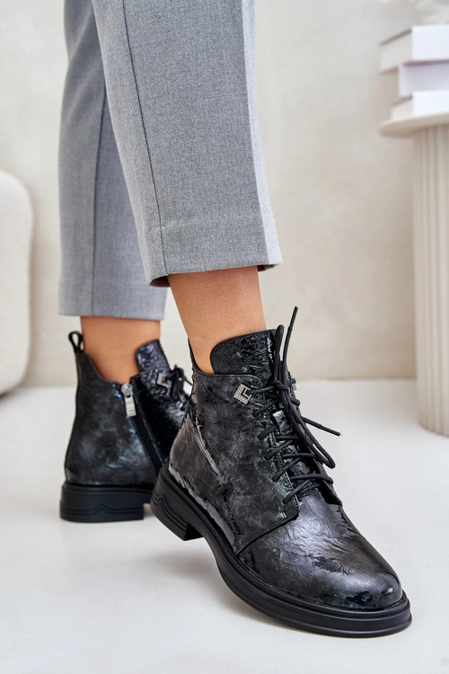 Skórzane Lakierowane Botki Damskie Ocieplane Na Zamek D&A LZ42-042 Czarno-Szare