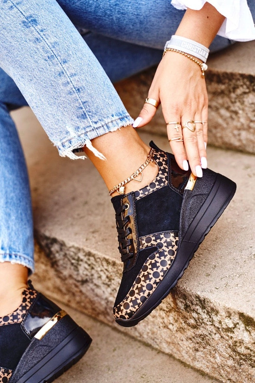 Sportowe Damskie Buty Sneakersy Skórzane Czarne Metronus