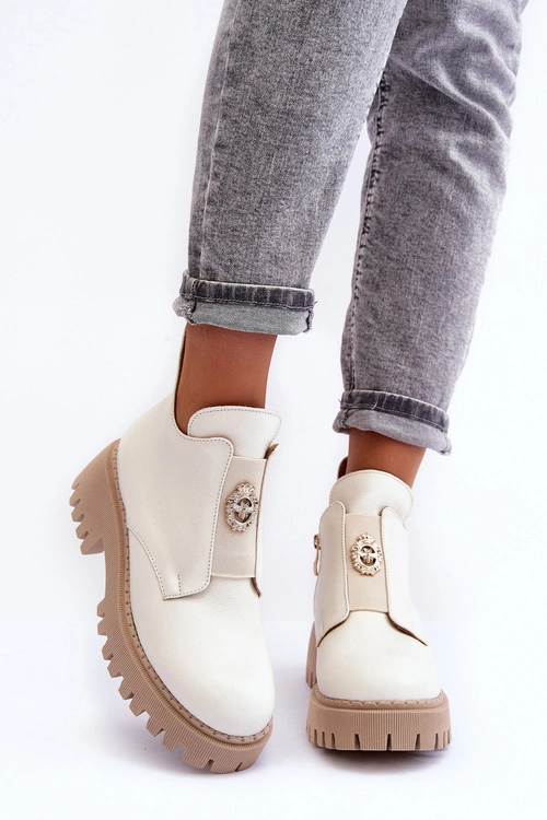 Damskie Skórzane Botki Z Ozdobą Jasnobeżowe Lemar Lusanna