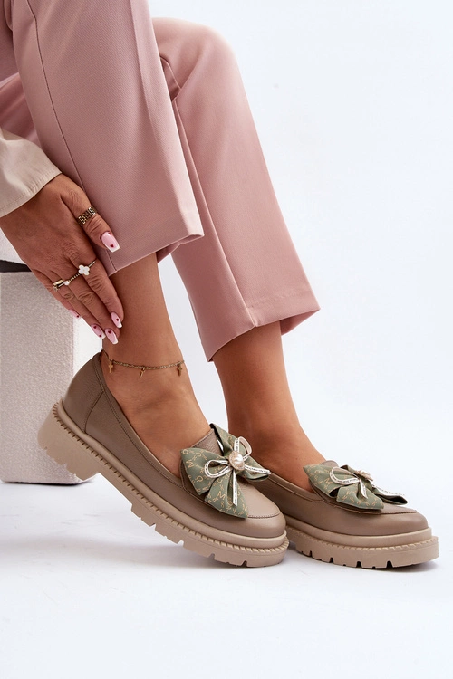 Damskie Skórzane Mokasyny Z Kokardą Laura Messi 2787 Beżowe