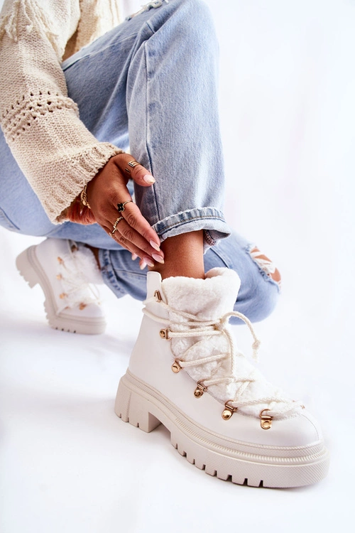 Skórzane Ocieplane Botki Trapery Białe Arisa