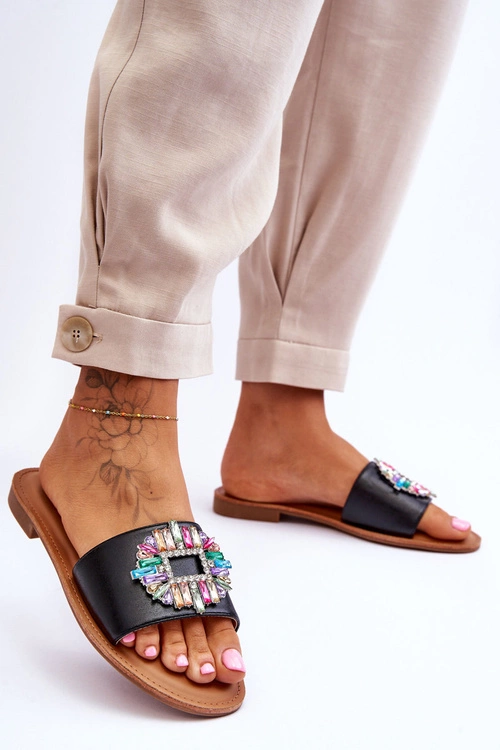 Damskie Modne Klapki Z Ozdobą Czarne Halsey