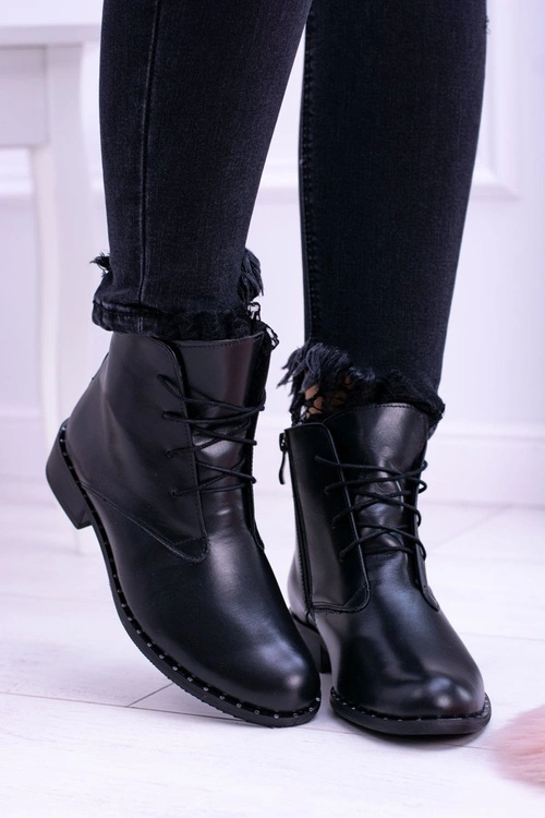 Ocieplane Skórzane Czarne Damskie Botki Z Koronką Millano