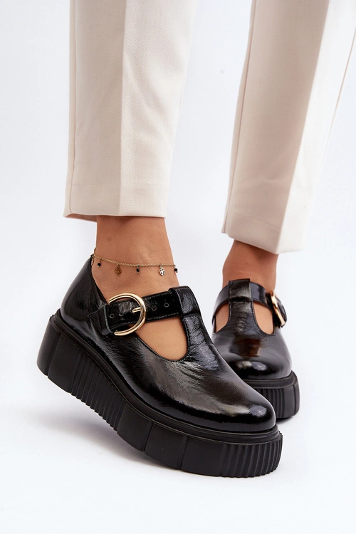 Zazoo 20102 Modne Lakierowane Półbuty Na Masywnej Platformie Czarne