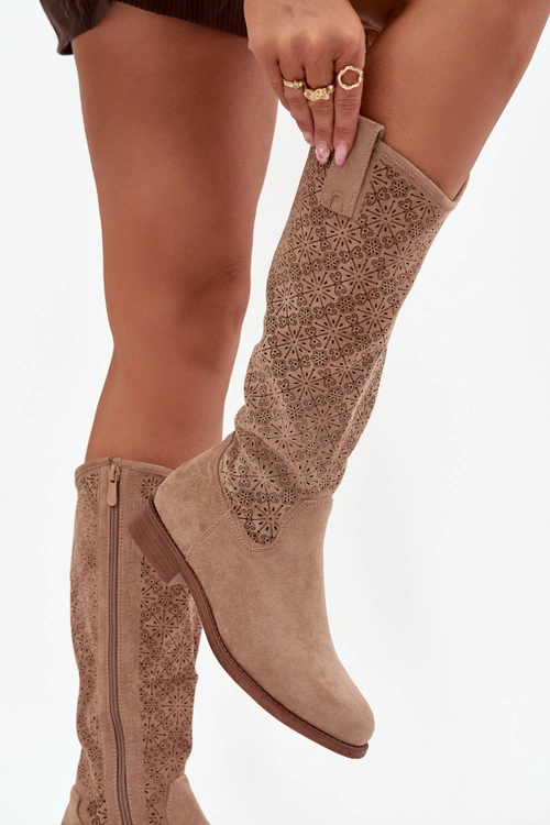 Kozaki Damskie Ażurowe Na Płaskim Obcasie S.Barski HY52-534 Beżowe