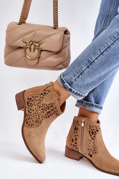 Damskie Ażurowe Botki Lewski Shoes 2909 Ciemnobeżowe