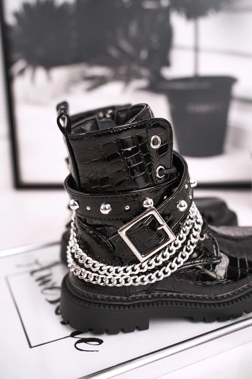 Dziecięce Botki Z Łańcuchem Ocieplone Futerkiem Lakierowane Czarne Dolly