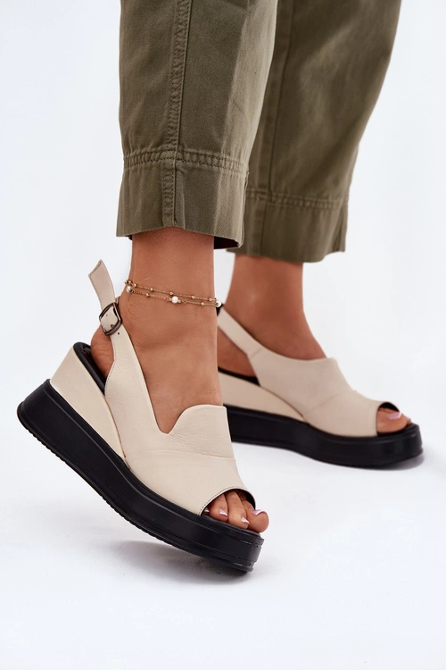 Skórzane Damskie Sandały Na Koturnie Artiker 54C0401 Beżowe