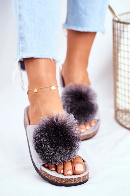 Damskie Szare Klapki Na Korku z Pomponem Galaxo