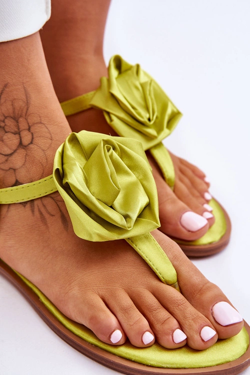 Damskie Sandały Japonki Z Materiałową Różą Limonkowe Carisma