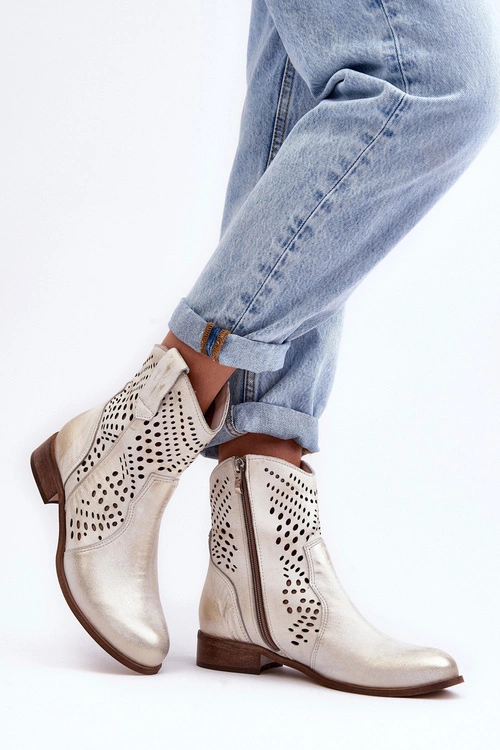 Zazoo 3305/2 Damskie Skórzane Ażurowe Botki Kowbojki Złote