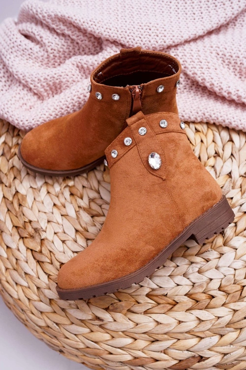 Młodzieżowe Botki z Kryształkami Płaski Obcas Camel Venici