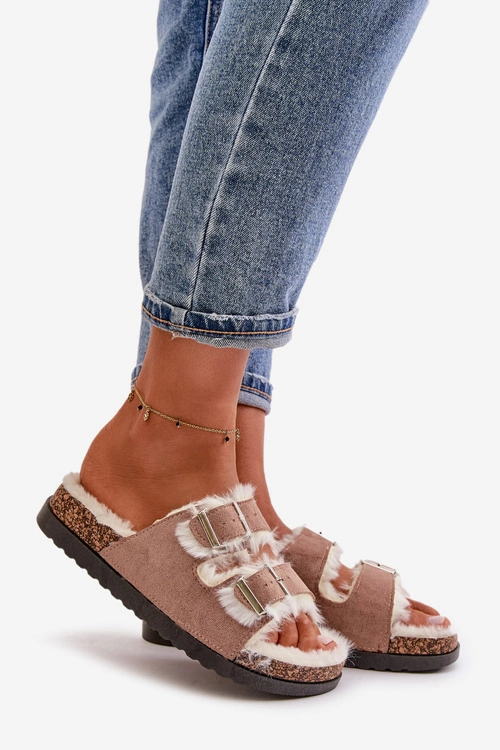 Damskie Kapcie Klapki Z Klamrami I Futerkiem Beżowe Ezilena