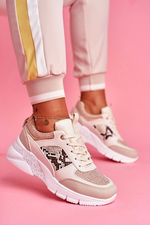 Sportowe Damskie Buty Beżowe Brokat Lisbon