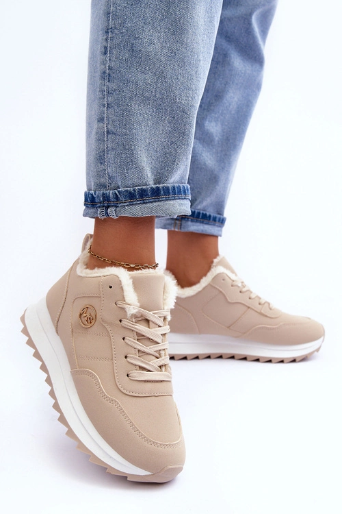 Ocieplane Skórzane Buty Sportowe Na Platformie Beżowe Adite