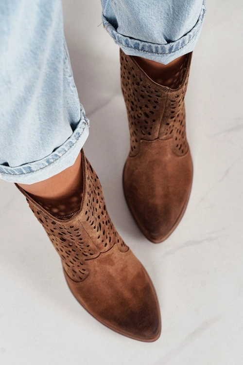 Ażurowe Botki Na Słupku Zamszowe Exquisite 1219 Koniak