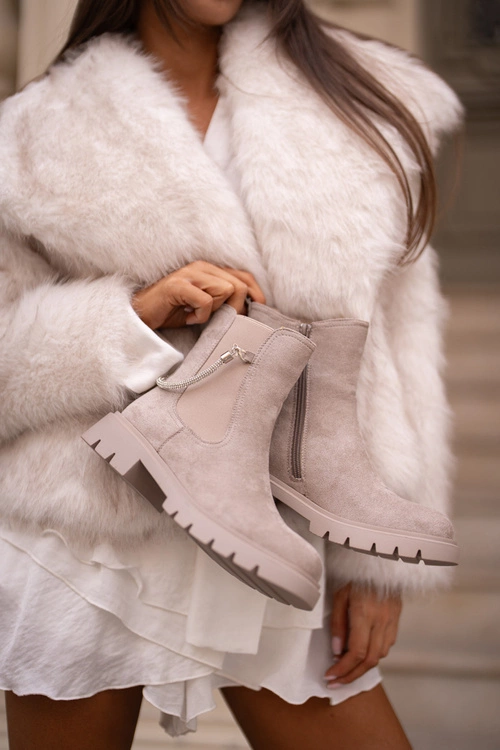 Ocieplane Botki Sztyblety Na Zamek Z Ozdobnym Paskiem Beżowe Labenne