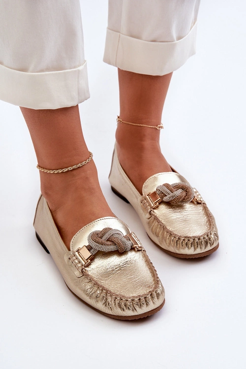 Skórzane Mokasyny Damskie Z Ozdobą Laura Messi 2761 Złote