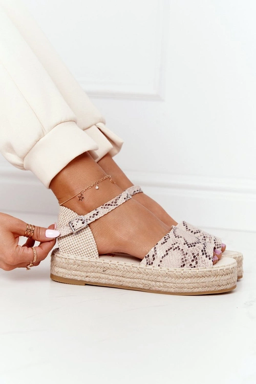 Sandały Na Platformie Z Plecionką Beżowe Wężowy Wzór Megara