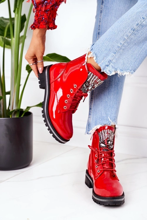 Lakierowane Ocieplane Workery Z Cyrkoniami Czerwone Attention