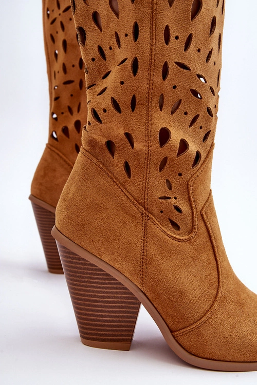 Zamszowe Ażurowe Kozaki Kowbojki Brązowe Nisu