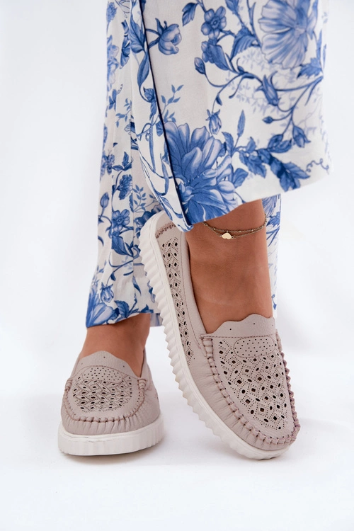 Skórzane Mokasyny Damskie Z Ażurowym Wzorem Vinceza 88028 Beżowe