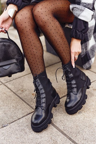 Botki Damskie Workery Ze Skarpetą Sznurowane Czarne My Need