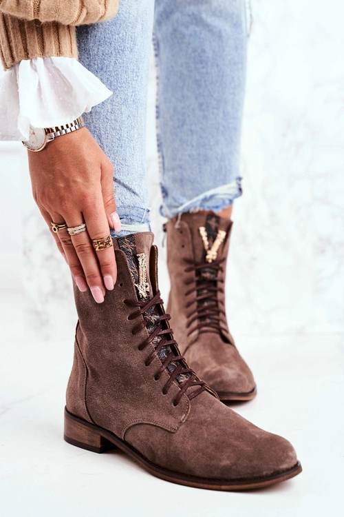 Botki Damskie Skórzane Nubuk Cappuccino Nicole 2593