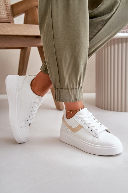 Trampki Sneakersy Damskie Na Platformie Z Eko Skóry Biało-Złote Brennessa