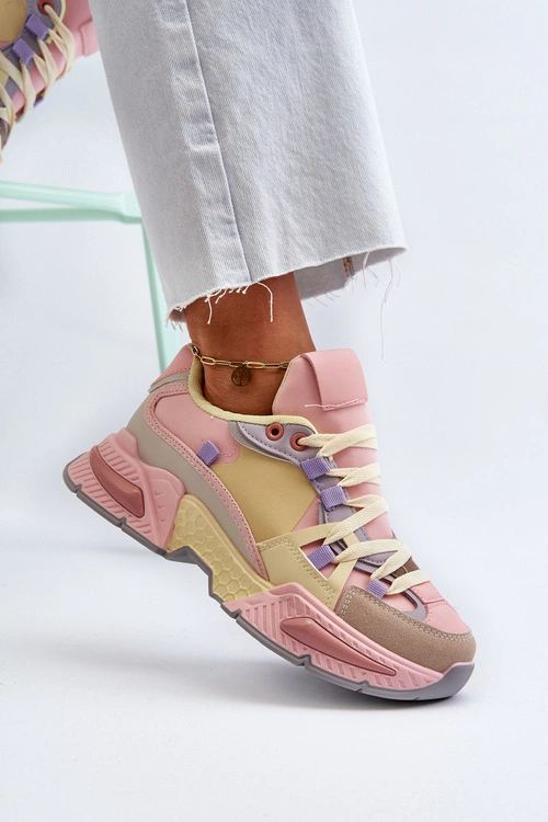 Sneakersy Damskie Na Grubej Podeszwie Różowo-Żółte Peonema