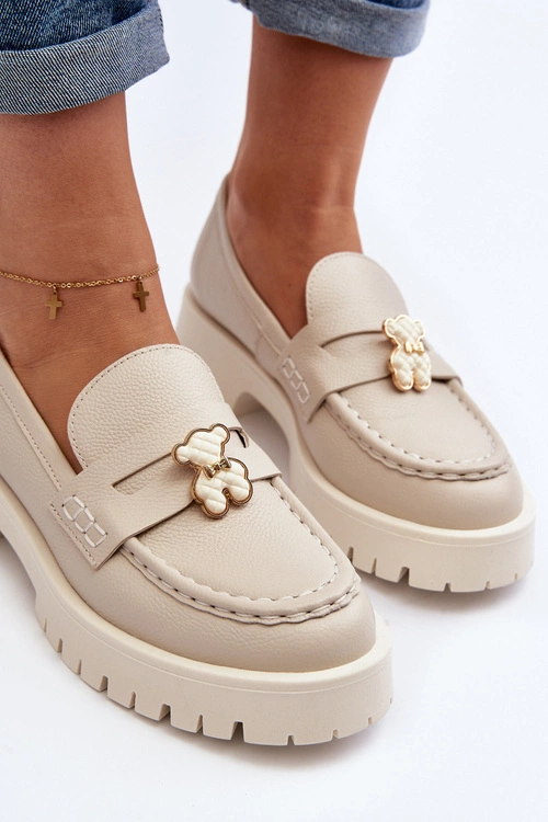 Skórzane Półbuty Mokasyny Z Misiem CheBello 4291 Jasnobeżowe