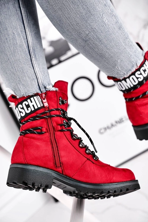 Botki Damskie Płaski Obcas Na Suwak Czerwone Popsi