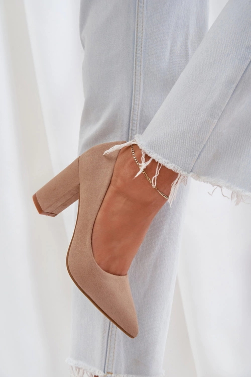 Czółenka Damskie Na Słupku Eko Zamszowe Ciemnobeżowe Florena