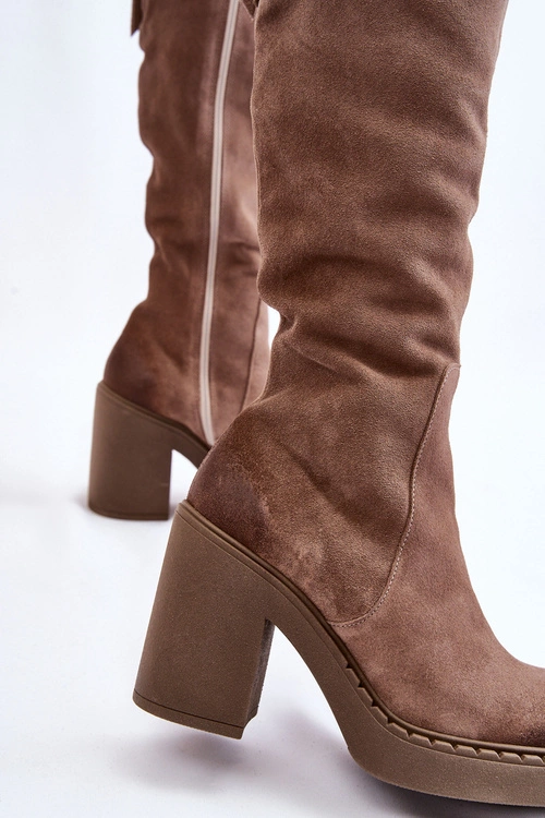 Damskie Zamszowe Kozaki Na Masywnym Słupku Jasnobrązowe Valeris